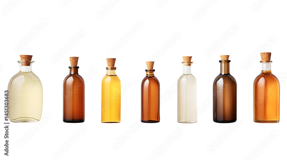 A collection of various glass bottles with cork stoppers showcasing different liquid colors on a clean background A collection of various glass bottles with cork stoppers showcasing different liquid colors on a clean background