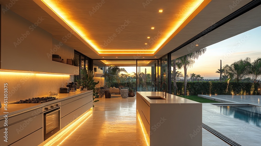 custom made wallpaper toronto digitalModern kitchen with ambient lighting and seamless indoor outdoor transition at sunset