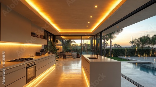 Wallpaper Mural Modern kitchen with ambient lighting and seamless indoor outdoor transition at sunset Torontodigital.ca