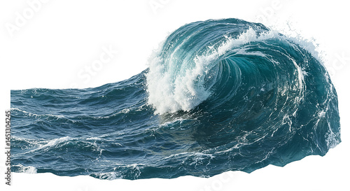 Giant ocean wave breaking with white spray on white background