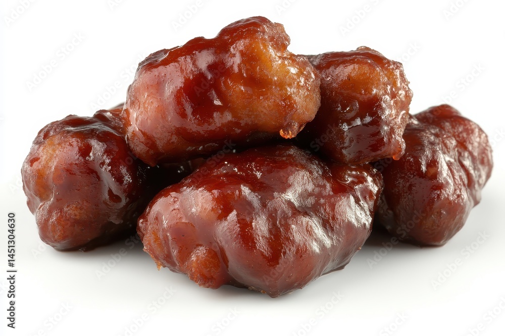 Glazed chicken pieces stacked on a white background, showcasing their shiny texture Glazed chicken pieces stacked on a white background, showcasing their shiny texture
