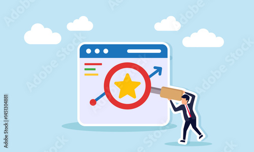 Businessman hold a magnify glass to examine stars on a graph in an app interface illustration of monitoring, evaluation, and analysis related to product or service quality standards