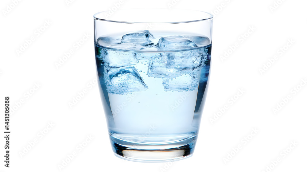 A refreshing glass of water filled with ice cubes, set against a clean background, perfect for hydration and wellness themes A refreshing glass of water filled with ice cubes, set against a clean background, perfect for hydration and wellness themes