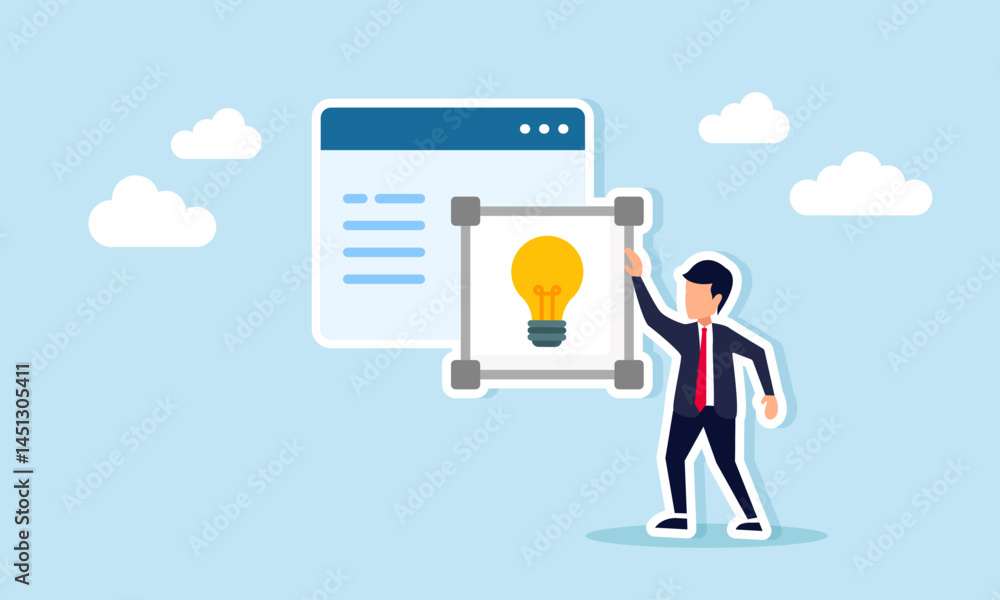 Businessman standing next to a square light sign beside an application interface, illustration of designing and applying the right business ideas Businessman standing next to a square light sign beside an application interface, illustration of designing and applying the right business ideas