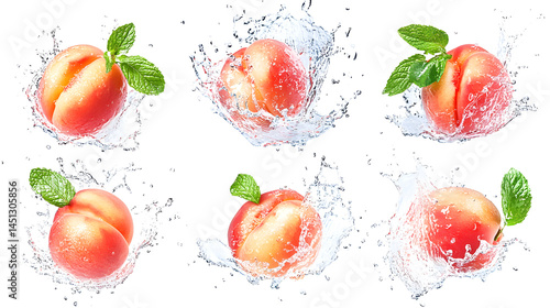 A series of juicy peaches splashing into clear water, surrounded by fresh mint leaves, capturing the essence of summer freshness