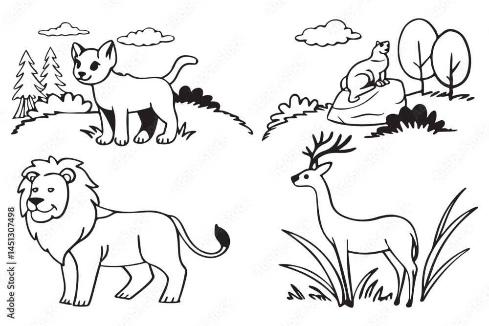 Fototapeta premium African Safari Animal Illustration – Lion, Elephant, Zebra, Giraffe, Black and White Cartoon Wildlife Drawing for Kids and Education, Savanna Scene Vector – Wildlife Clipart for Coloring and Design