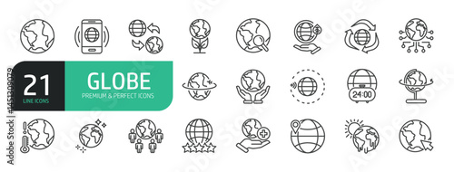 Set of Globe Line Icons. Collection of Planet Earth, Globe, Global Business, Climate Change, Travel, Environmental Conservation, and more.