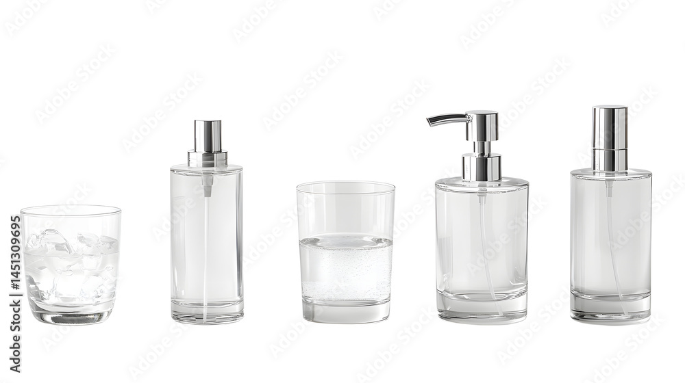Assorted glass containers with liquid and ice, arranged on a clean surface, showcasing modern design and minimalism Assorted glass containers with liquid and ice, arranged on a clean surface, showcasing modern design and minimalism