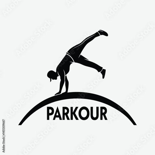 A bold silhouette of a parkour athlete performing a handstand, leaping, or a similar acrobatic move..