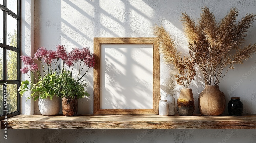 Rustic Wooden Frame on Shelf with Flowers and Vase Against White Wall Rustic Wooden Frame on Shelf with Flowers and Vase Against White Wall