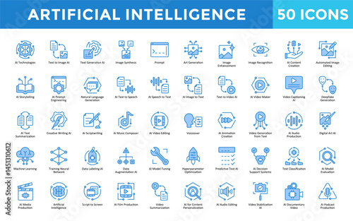 Artificial Intelligence icons set with ai technologies, text to image ai, text generation ai, image synthesis, prompt, art generation, image enhancement icon. Simple retro vector 
