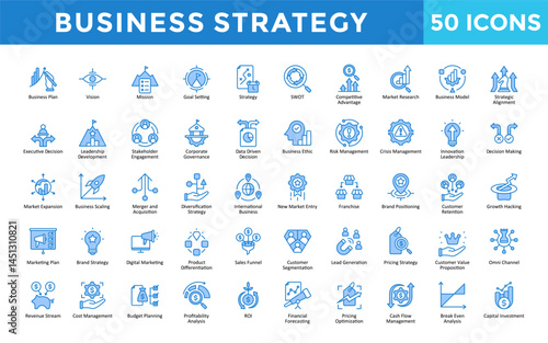 Business Strategy icons set with business plan, vision, mission, goal setting, strategy, swot, competitive advantage, market research, business model icon. Simple retro vector 
