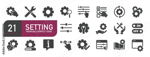 Set of glyph solid icons related to setting, setup, repair. Glyph solid icons collection. Vector illustration