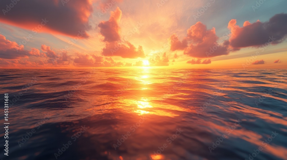 Obraz premium Stunning vibrant sunset over calm ocean with colorful sky and reflective water surface du golden hour, peaceful seascape, scenic view for travel relaxation