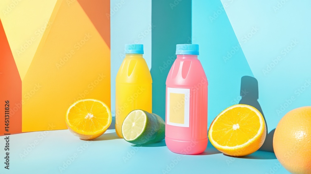 Vibrant display of colorful fruit drinks with citrus fruits on a geometric pastel background Vibrant display of colorful fruit drinks with citrus fruits on a geometric pastel background