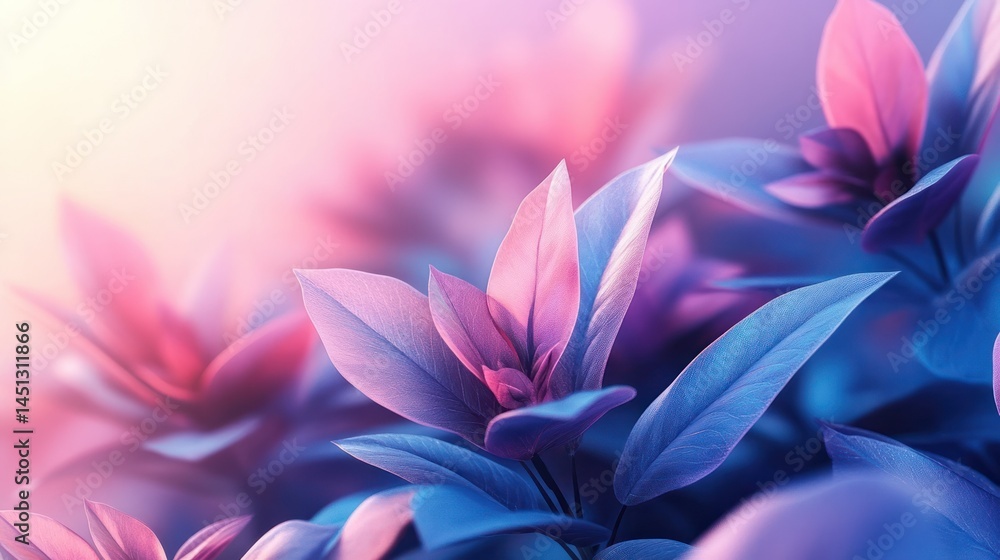 Vibrant close-up of pink and blue multicolored tropical leaves in soft diffused lighting creating a lush exotic botanical scene perfect for design backgrounds Vibrant close-up of pink and blue multicolored tropical leaves in soft diffused lighting creating a lush exotic botanical scene perfect for design backgrounds