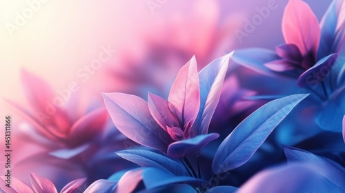 Vibrant close-up of pink and blue multicolored tropical leaves in soft diffused lighting creating a lush exotic botanical scene perfect for design backgrounds
