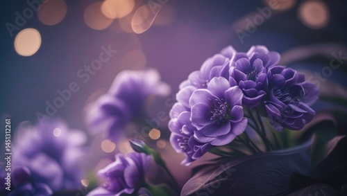 Cinematic flower photography with nostalgic vignette, Purple flower keyframe with shallow depth, Filmic aesthetic with bokeh and text space