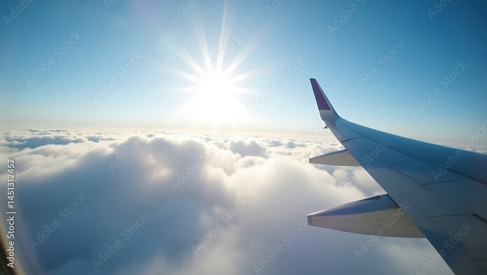 Obraz premium POV from inside an airplane looking out at clouds and wing during a bright sunny flight