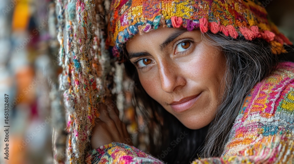 Portrait of a Woman in Vibrant Knitwear Portrait of a Woman in Vibrant Knitwear