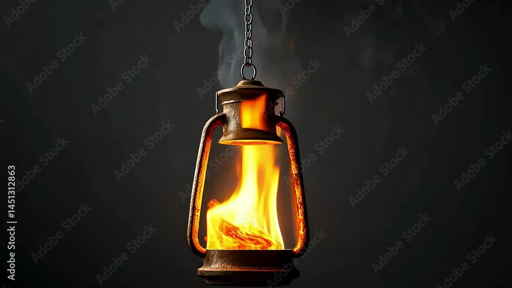Vintage oil lantern glowing with bright flames, suspended against a dark background, creating a warm ambiance