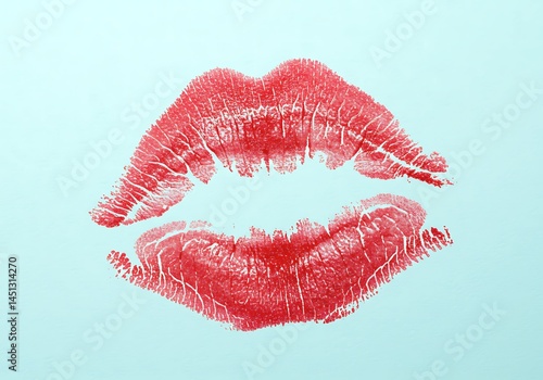 A bold red lipstick kiss mark is centered on a light blue background, creating a striking contrast and a sense of romance and allure