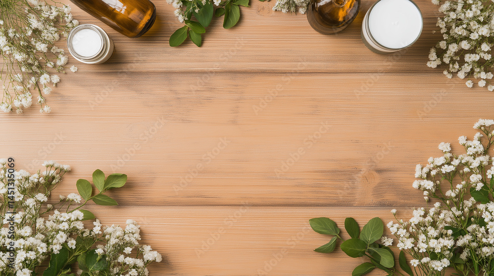 Botanical Beauty: This shot showcases a harmonious blend of organic elements, with beauty products elegantly arranged amidst delicate floral accents on a rustic wooden backdrop. Botanical Beauty: This shot showcases a harmonious blend of organic elements, with beauty products elegantly arranged amidst delicate floral accents on a rustic wooden backdrop.