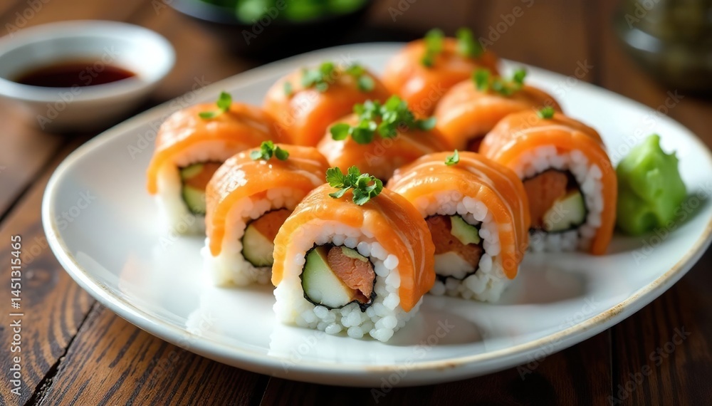Variety of sushi rolls on white plate, soy sauce, wasabi, dinner, soy Variety of sushi rolls on white plate, soy sauce, wasabi, dinner, soy