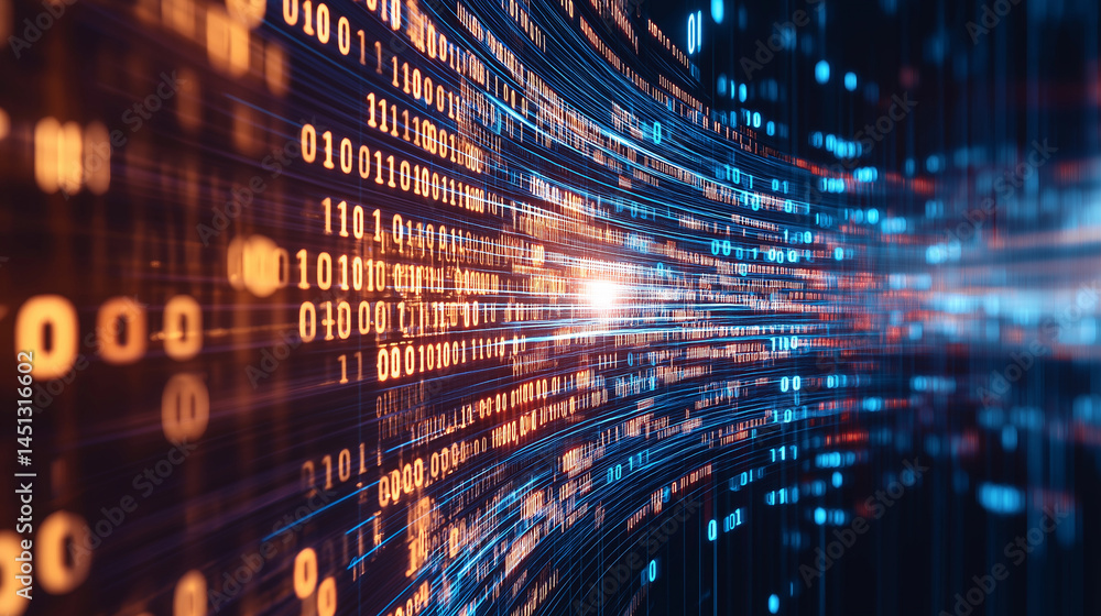 © Wasin Arsasoi - Digital Data Stream: Abstract view of a data stream, a digital river of information, flowing rapidly with binary code in a futuristic and technological environment.