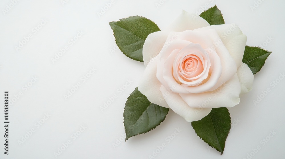 Fototapeta premium Elegant Creamy White Rose with Lush Green Leaves on White Background