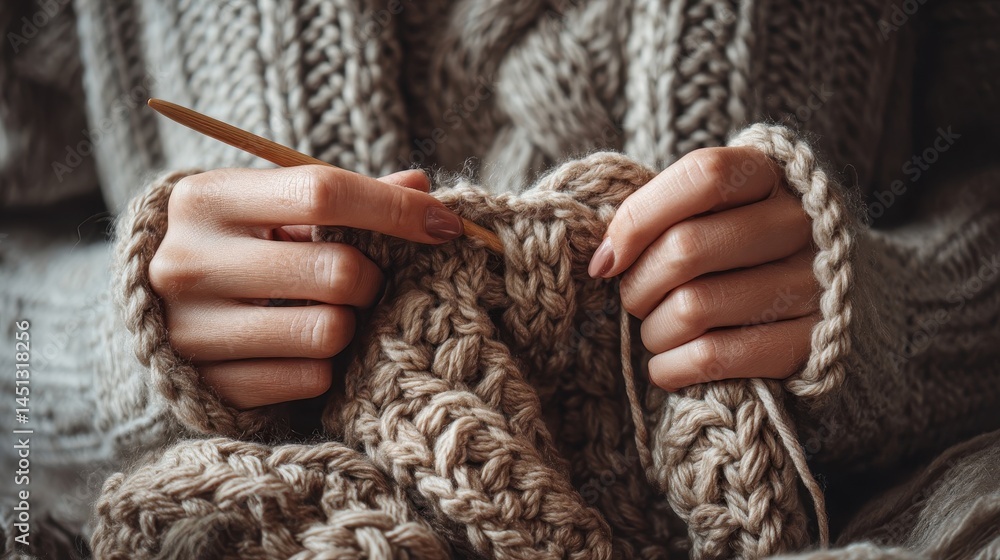 Close-up view of hands knitting a cozy garment. Close-up view of hands knitting a cozy garment.
