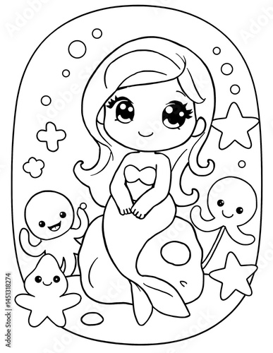 Charming Kawaii Mermaid with Octopus and Starfish Companions in Underwater Scene, Ideal for Coloring Books and Kids' Creative Activities