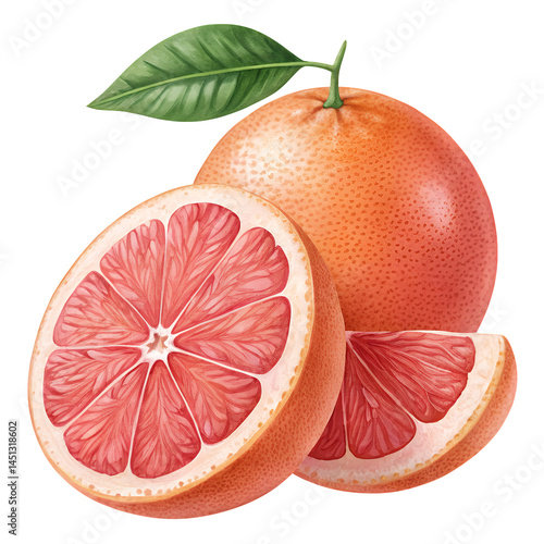 Juicy Grapefruit with Leaf: A visually appealing, digitally illustrated depiction of a halved and sliced grapefruit with a single leaf.