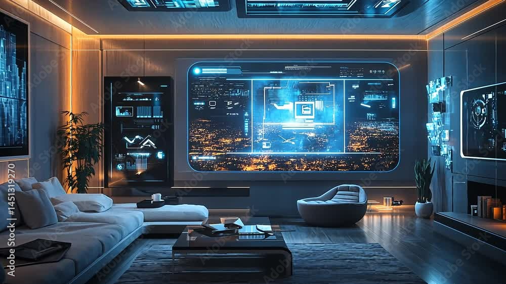 Futuristic living room with high-tech displays at night Futuristic living room with high-tech displays at night