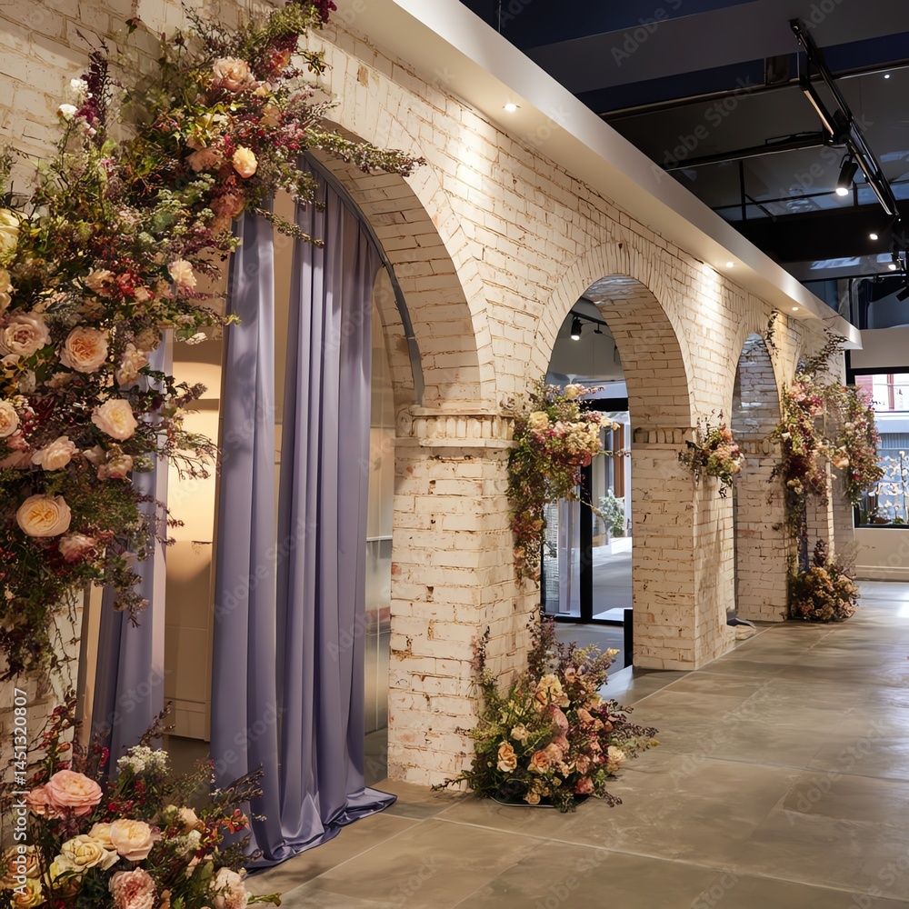 Charming brick wall interior with floral decorations and elegant drapes.
