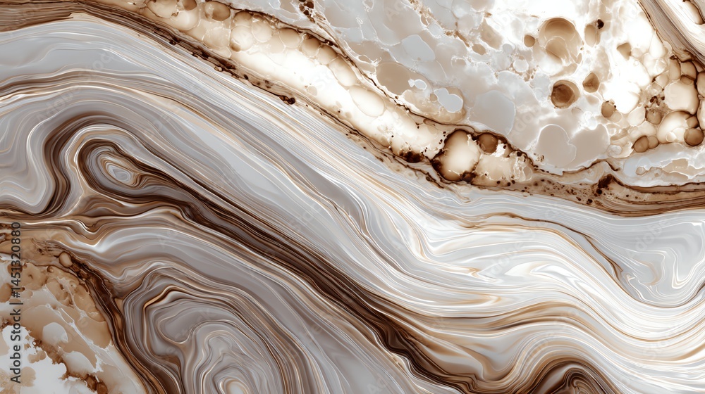 Abstract marble pattern in brown and white tones with fluid shapes.