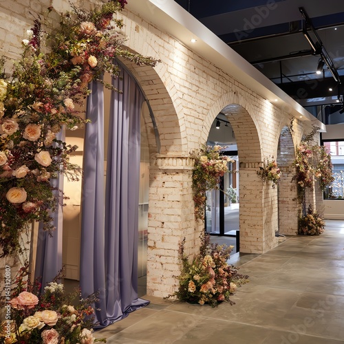 Obraz na płótnie Charming brick wall interior with floral decorations and elegant drapes. w salonie