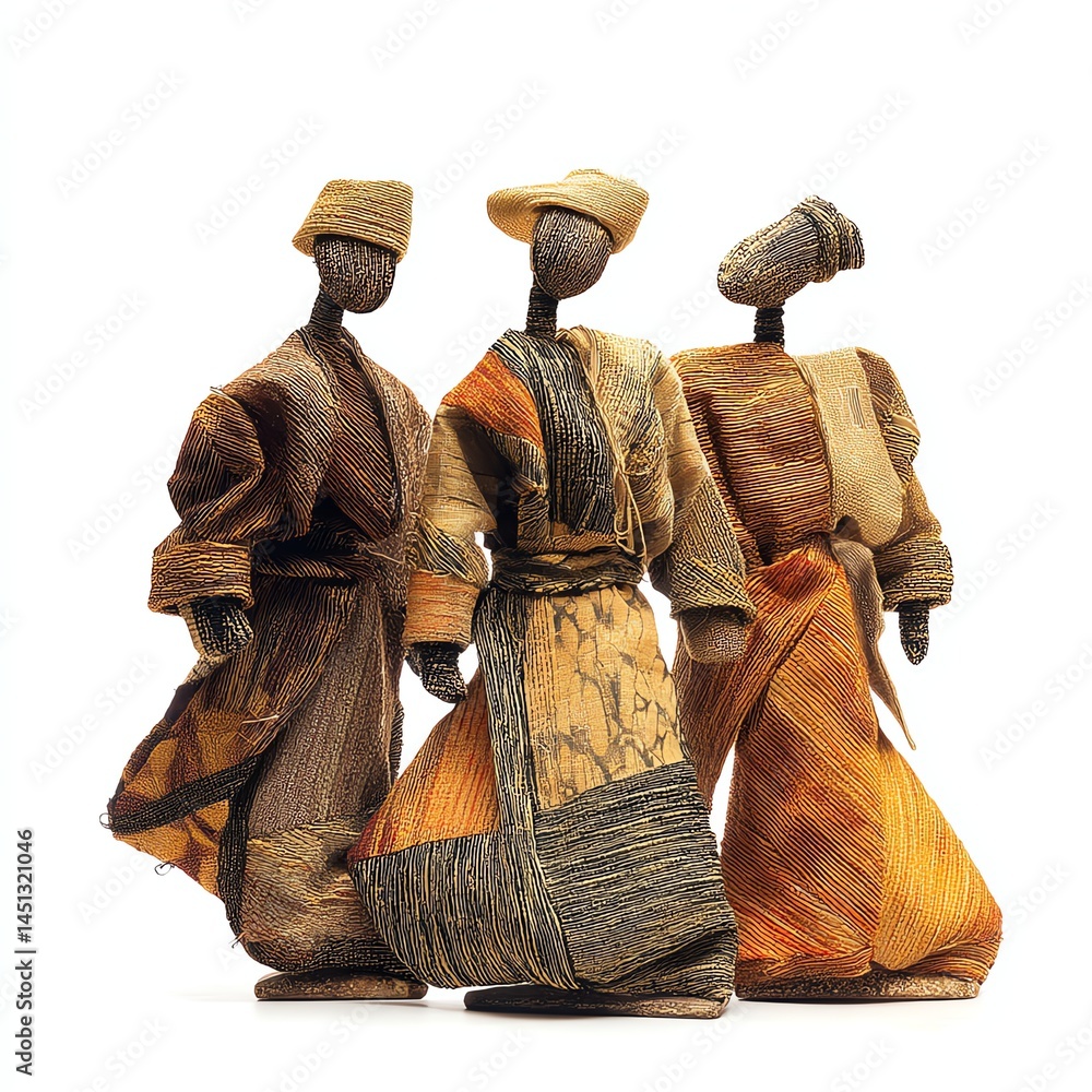 Three unique, handcrafted figures in traditional attire, standing together.