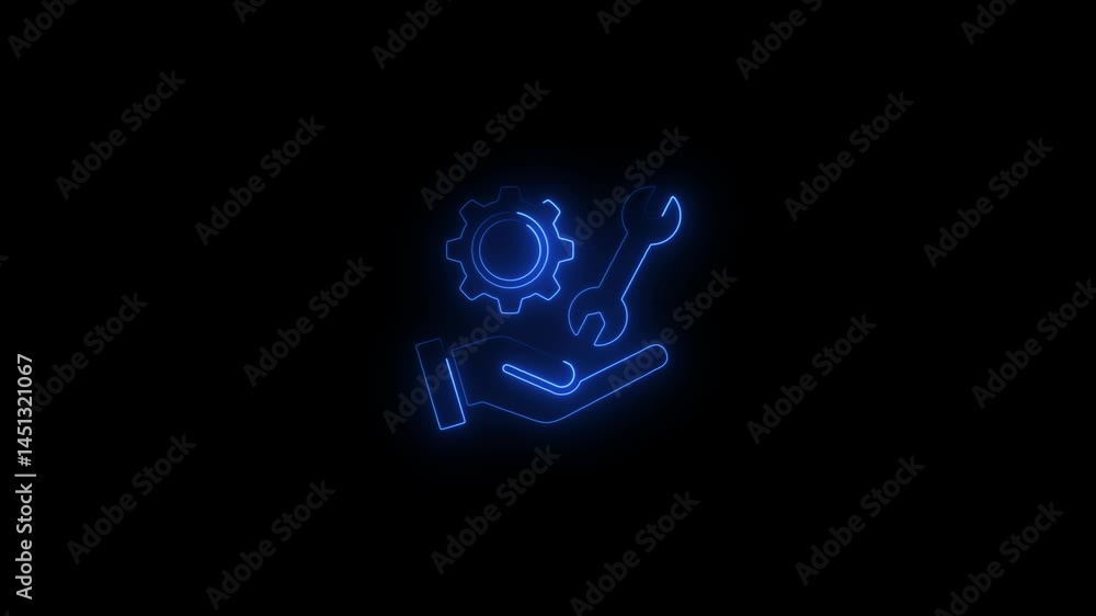Glowing neon hand with service icon.HD motion graphic video animation with neon effects.isolated on a black background. Glowing neon hand with service icon.HD motion graphic video animation with neon effects.isolated on a black background.