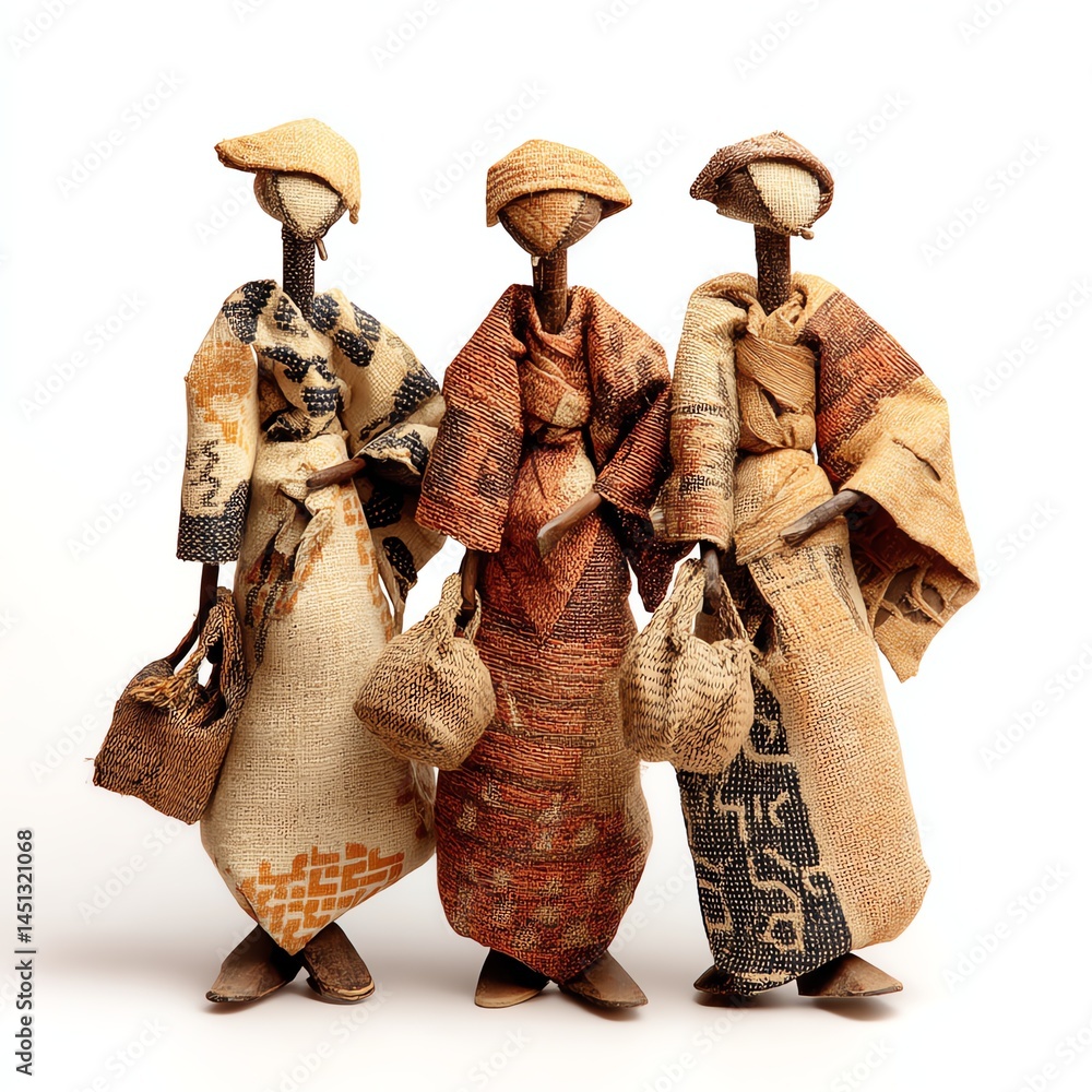 Traditional handcrafted dolls in colorful attire, white isolate background.