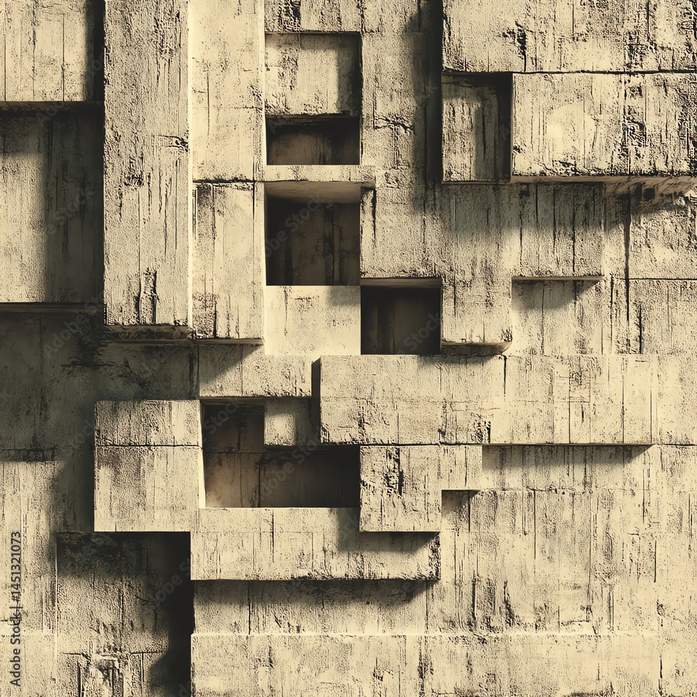 Abstract concrete wall with unique geometric patterns and textures.