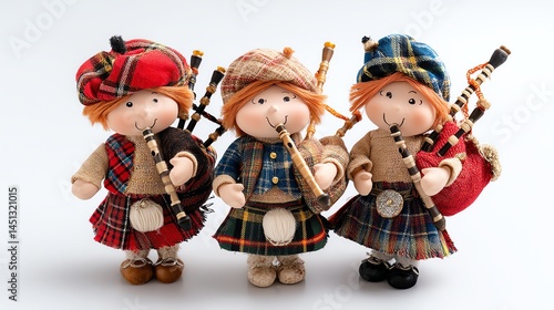 Obraz na płótnie Three Scottish dolls in plaid playing bagpipes, white isolate background. w salonie