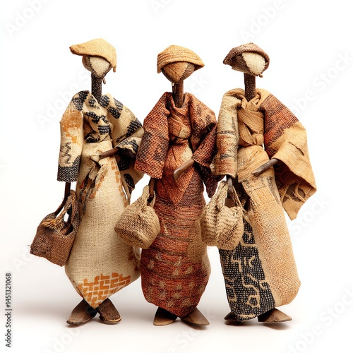 Traditional handcrafted dolls in colorful attire, white isolate background.