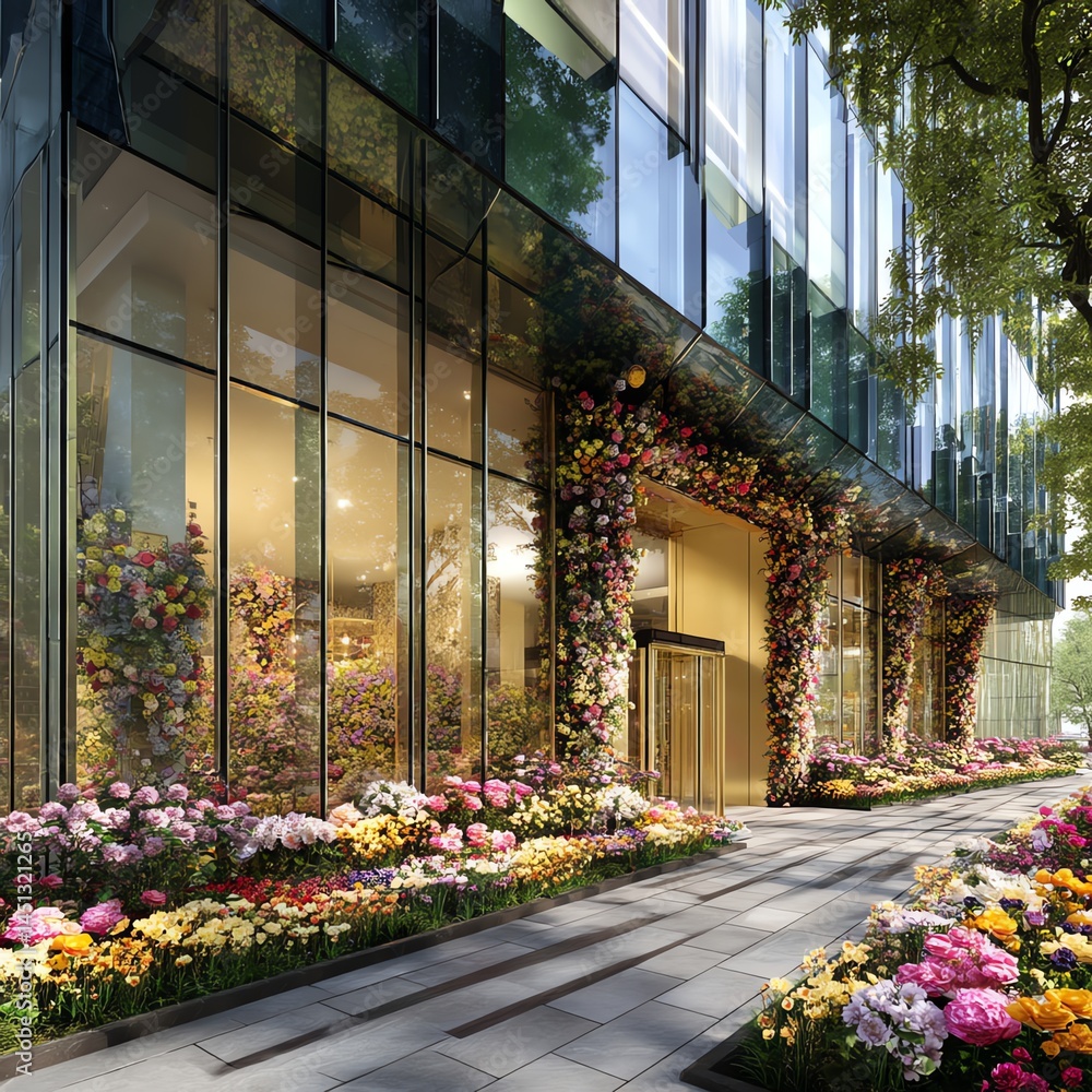 Modern building entrance adorned with vibrant flowers and greenery.