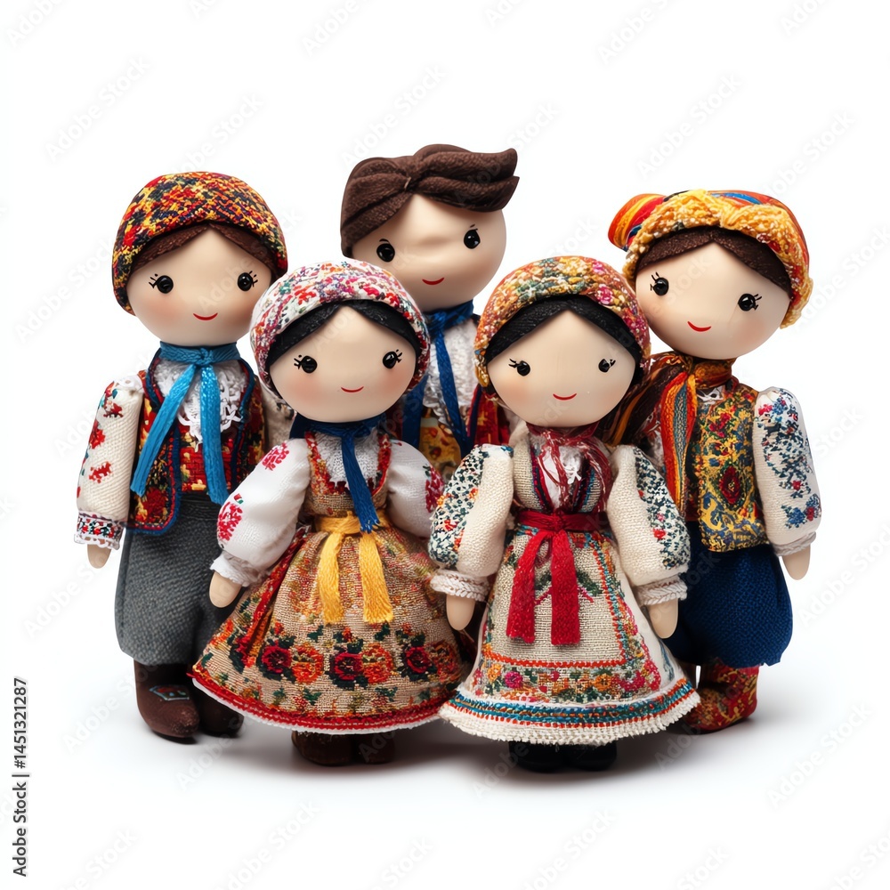 Five traditional dolls in colorful outfits representing cultural heritage.