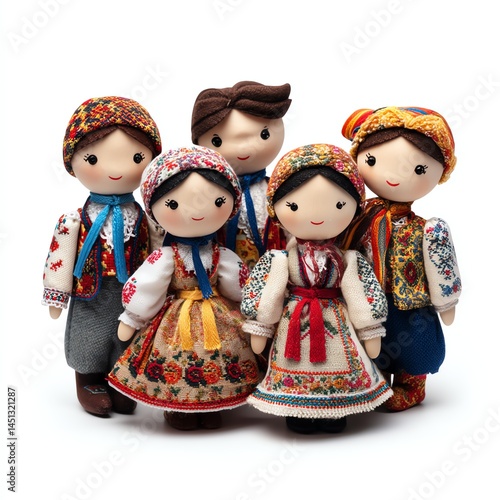Obraz na płótnie Five traditional dolls in colorful outfits representing cultural heritage. w salonie