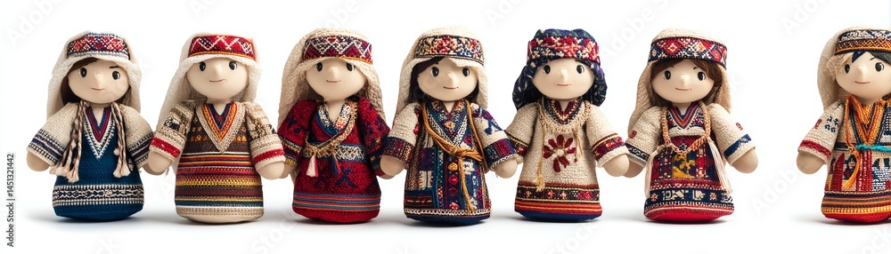 Traditional dolls representing various cultures, white isolate background.