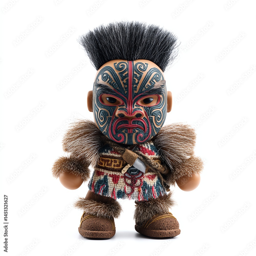Maori doll wearing traditional attire, white isolated background