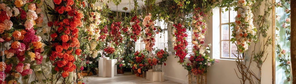 Vibrant floral decor in a stylish interior with a bright, inviting atmosphere.