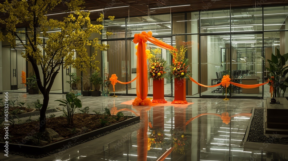 Modern office lobby with vibrant orange decorations and plants.
